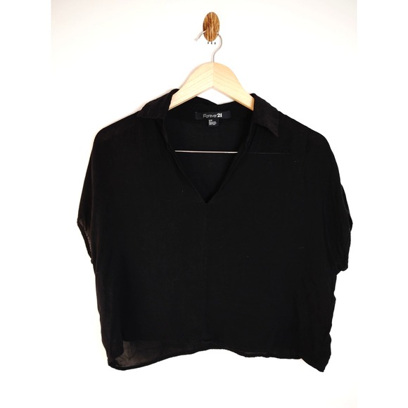 Women S/P Black Boxy Sheer Rayon Crop Top Witchy Goblin Gothic Sexy Minimalist - Picture 2 of 9